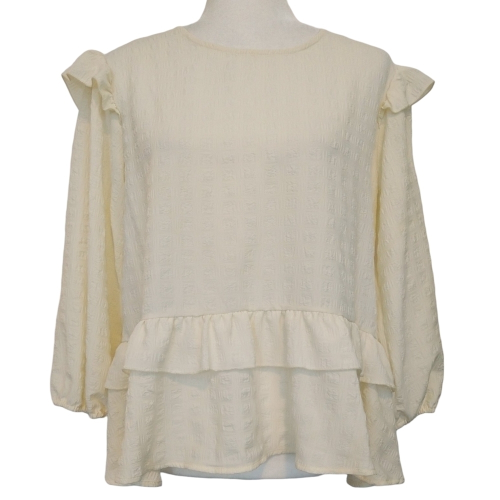 Blu Pepper NWT Cream Crinkle Textured Ruffle Peplum Hem Blouse Boho Cottagecore